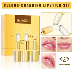 HelloKiss 3Pcs Color-Changing Lip Balm, PH & Temperature Reactive Lipstick, Gold Crystal Glossy Finish, Silky Smooth & Hydrating Lip Gloss, Long-Lasting Moisturizing Lip Care for Shiny Bright Lips
