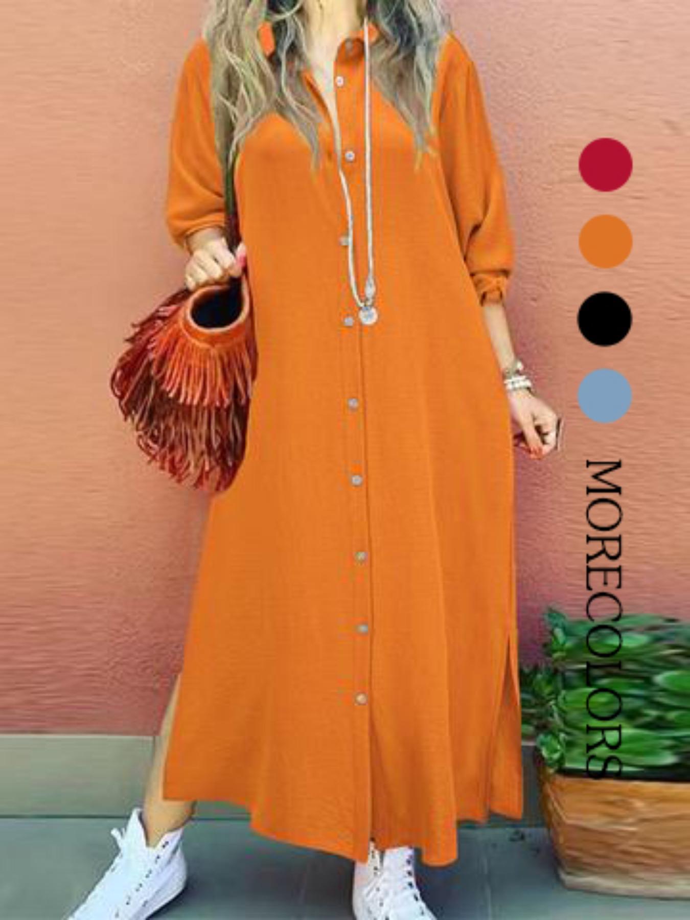 Women's Plain Collared Button Shirt Collar Long Sleeve Dress, Casual Fashion Long Dress for Daily Outdoor Wear, Women Dress for Spring, Womenswear