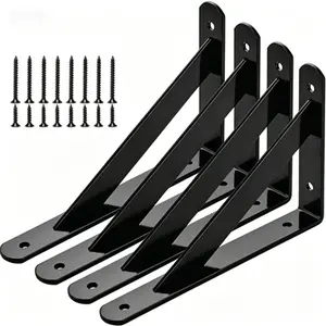 8 Inch Black Wall Mount Shelf Brackets, Heavy Duty Steel L Bracket for Floating Shelves, 4 Pack Durable Hardware, Industrial Strength Support, Rust Resistant Hardware
