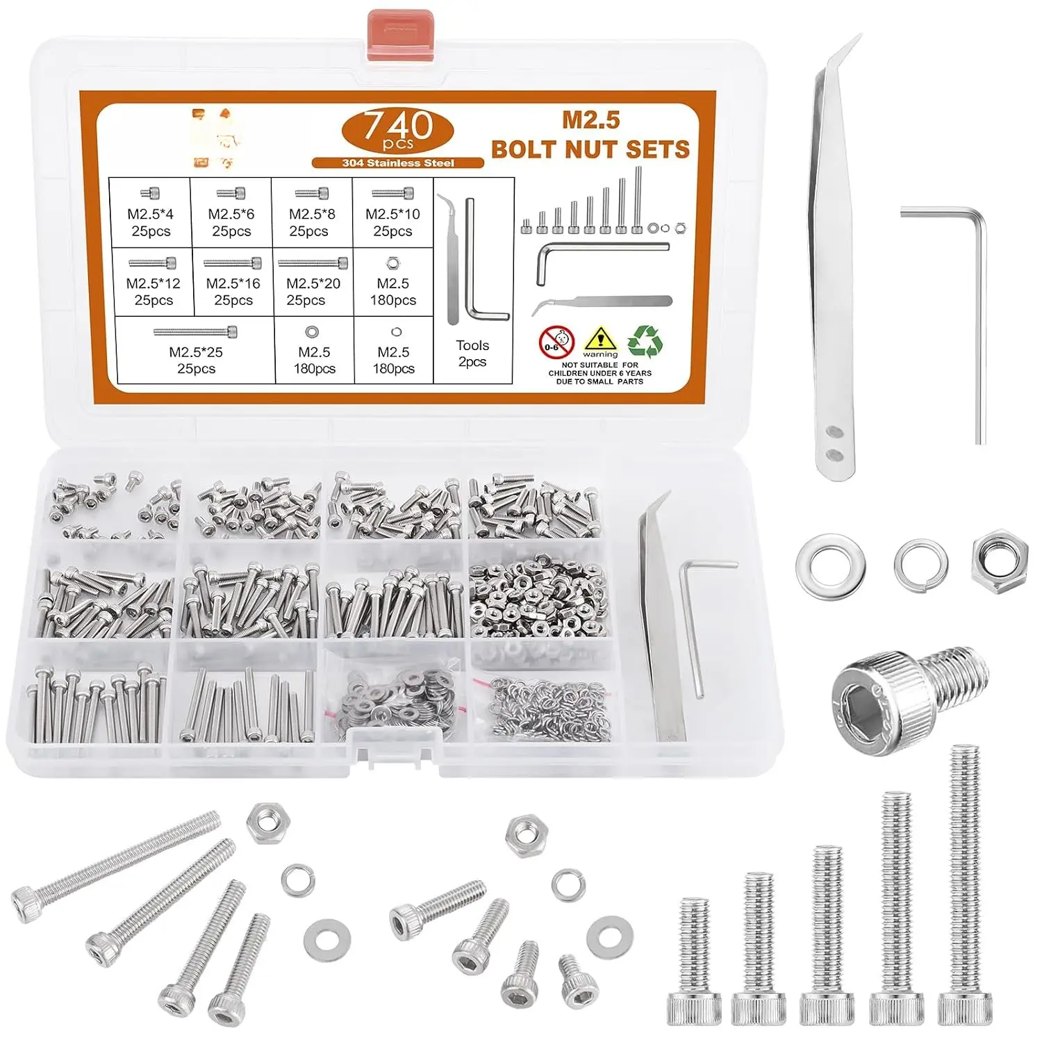 740 count M2.5 Screws Kit M2.5 Screw  Nuts and   Kit Metric Machine Screw Kit, 304 Stainless Steel Hex Socket  Screws Nuts  and Washers Set