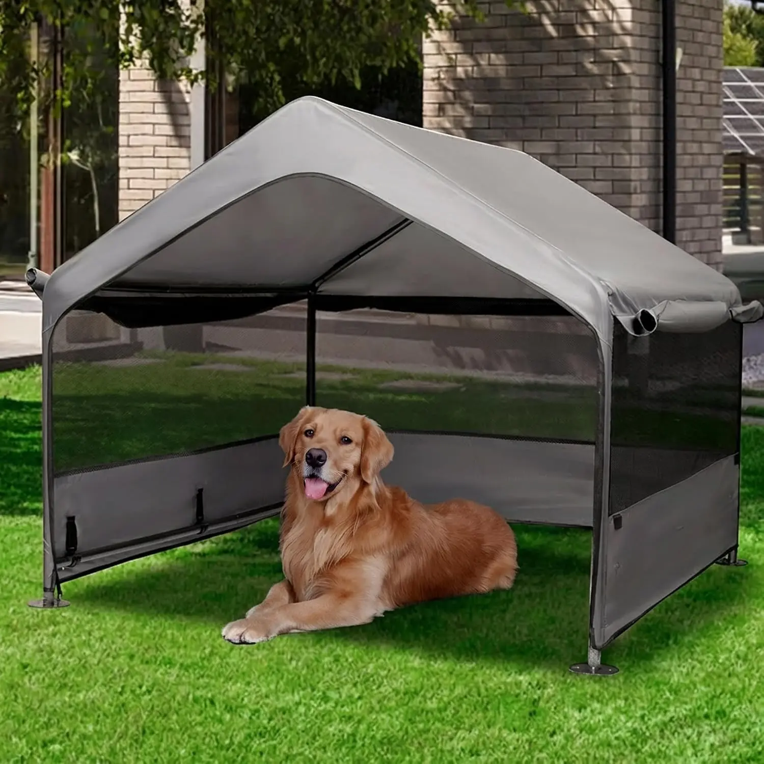 Extra Large Outdoor Dog House Dog Tent Big Dog Shade Shelter Canopy with Three-Sided Breathable Mesh Windows Gray Sun Rain Cover for Pet Cat Livestock 4'x 4'x 3.3'