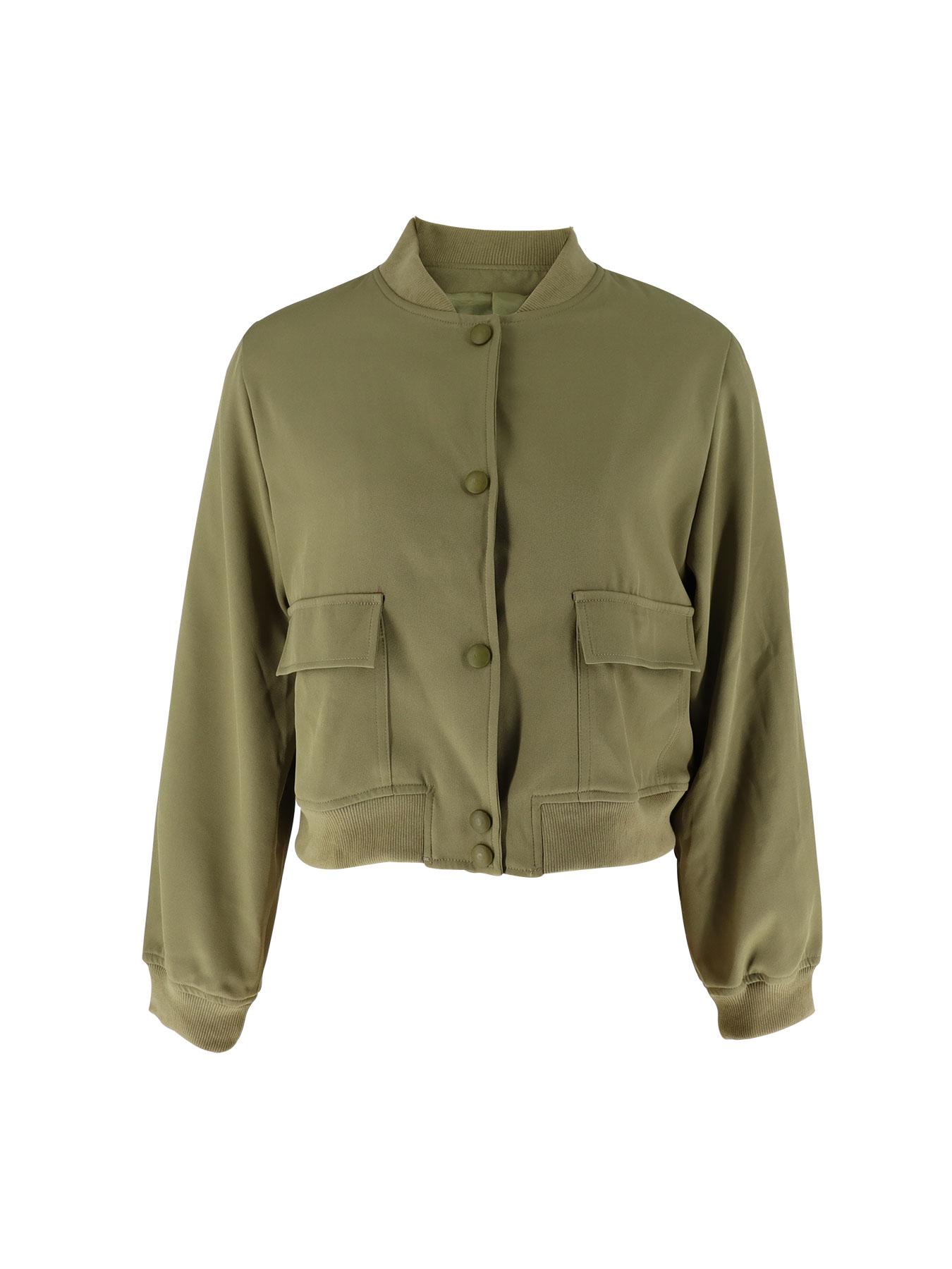 Women's Plain Flap Pocket Crop Bomber Jacket, Casual Long Sleeve Button Front Varsity Jacket, Ladies Outerwear Coats for Daily Wear