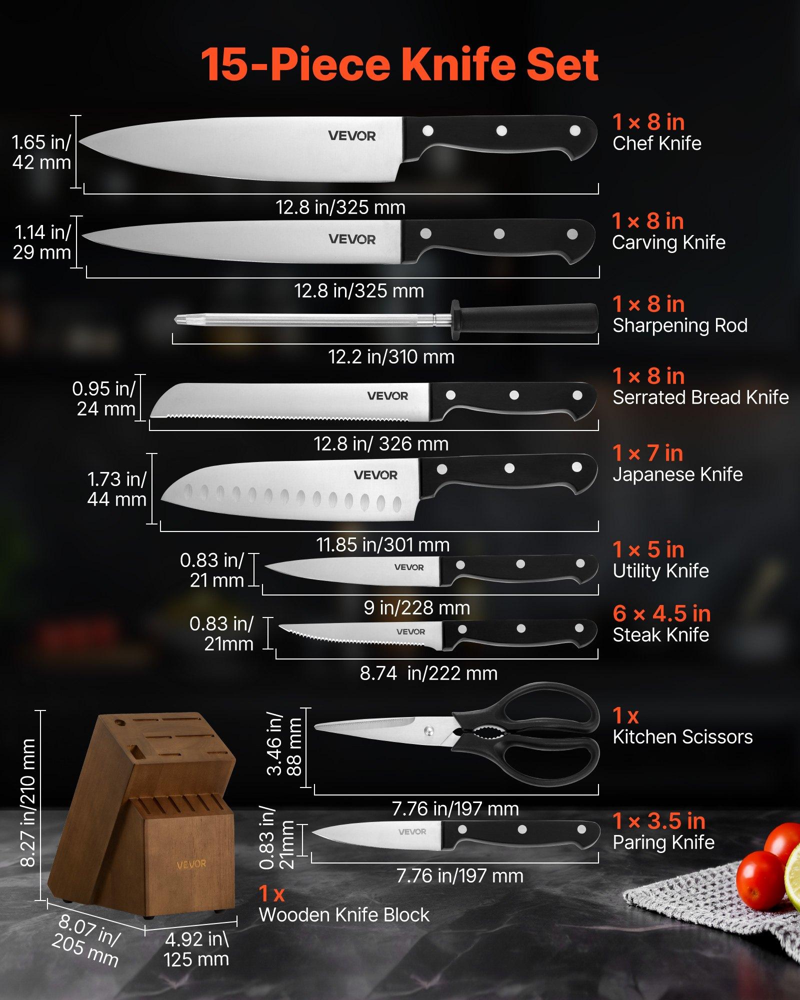 VEVOR Kitchen Knife Set with Block and Sharpener, 15 Piece German High Carbon Stainless Steel Knife Set, Kitchen Cutlery with ABS Ergonomic Handle, Sharpening Rod and Wooden Block, for Home Cooks