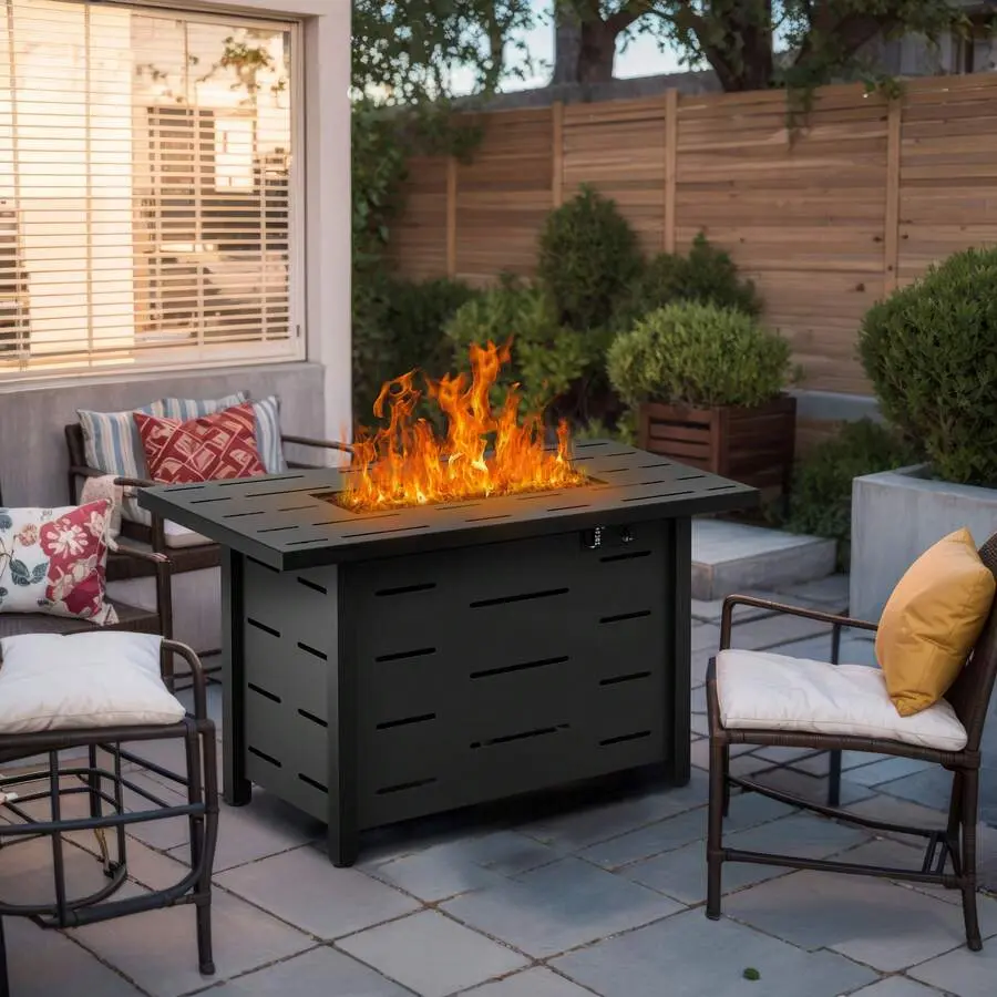 43-Inch Stainless Steel Outdoor Propane Fire Pit Table - 50,000 BTU Gas Firepit with Lid, Rectangle Shape, Gas Flames for Heats Outdoors