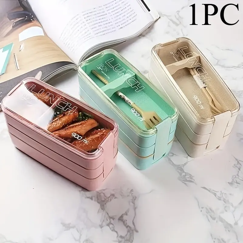 3-Layer Wheat Straw Lunch Box, Portable Food Storage Container with Tableware, Office Bento Box for Food Storage, Lunchbox
