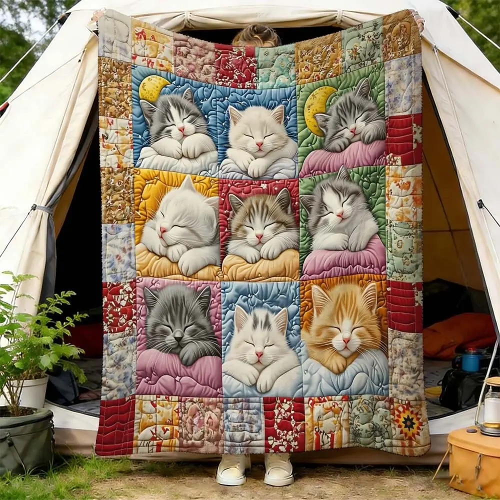 1 Pc Fluffy Cat Pattern Blanket for Bedroom, Sofa, Camping – Cozy Multicolor Cover for Portable Comfort in Any Scenario, Flannel Cozy Blanket
