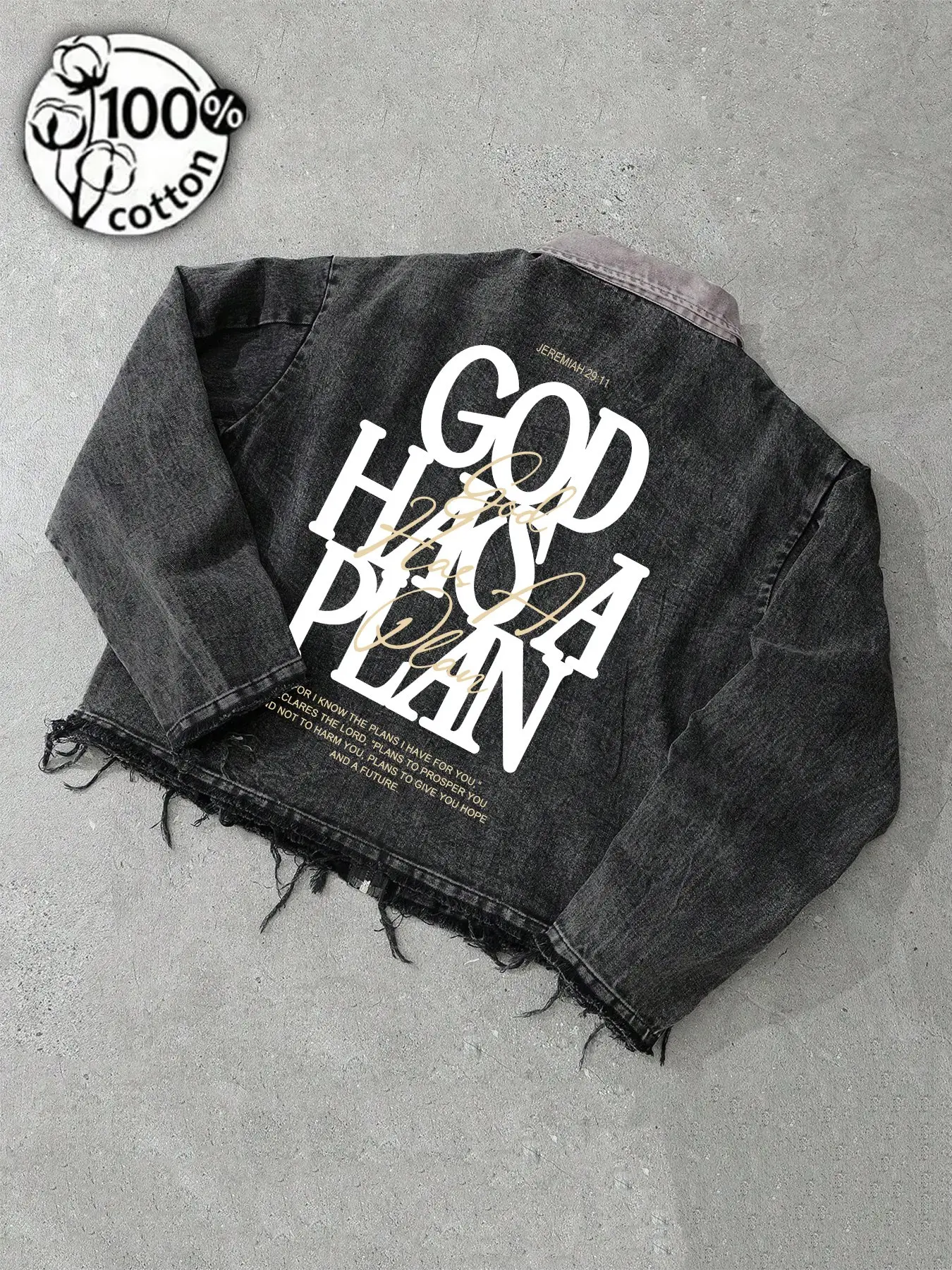 Men's Vintage Washed Black God Has a Plan Denim Jacket, Jeremiah 29:11 Back Print, Raw Hem Boxy Christian Streetwear for Fall Winter#MensDenimJacket #ChristianJacket #GodHasAPlan #Jeremiah2911#BibleVersePrint #WashedBlackDenim #BackPrintJacket#BoxyFit