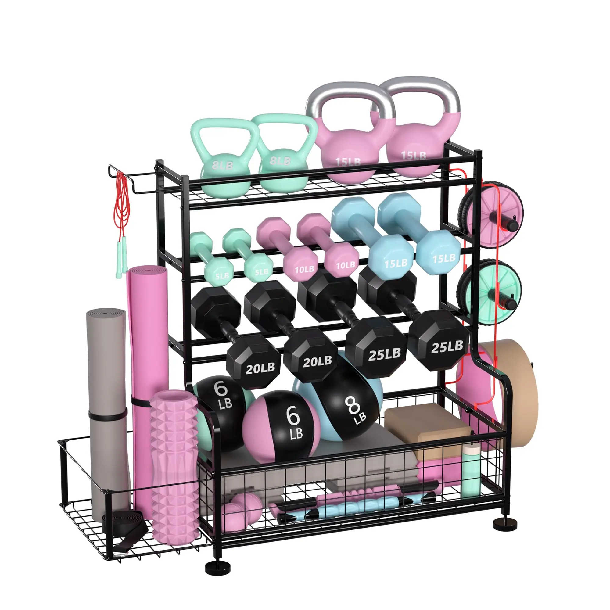 Garage Sports Equipment Organizer, Golf Bag Storage Rack,Heavy Duty Ball Holder with Basket & Hooks, Indoor/Outdoor Basketball Storage Bins for Toy Sports Gear Storage