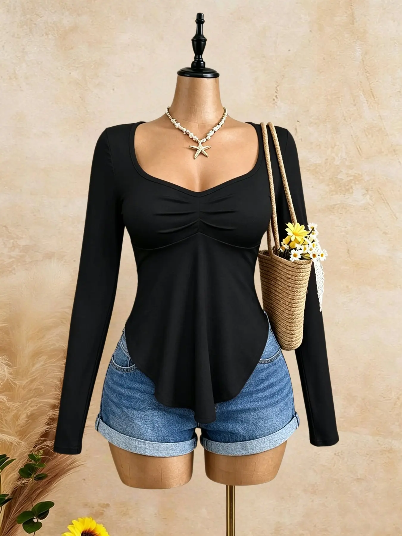 Women's Basic Casual Solid Color Sweetheart-Neck Long-Sleeve Ruched Asymmetric-Hem Top, Fashionable Ladies' Tee for Spring & Fall
