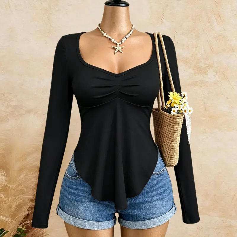 Women's Basic Casual Solid Color Sweetheart-Neck Long-Sleeve Ruched Asymmetric-Hem Top, Fashionable Ladies' Tee for Spring & Fall