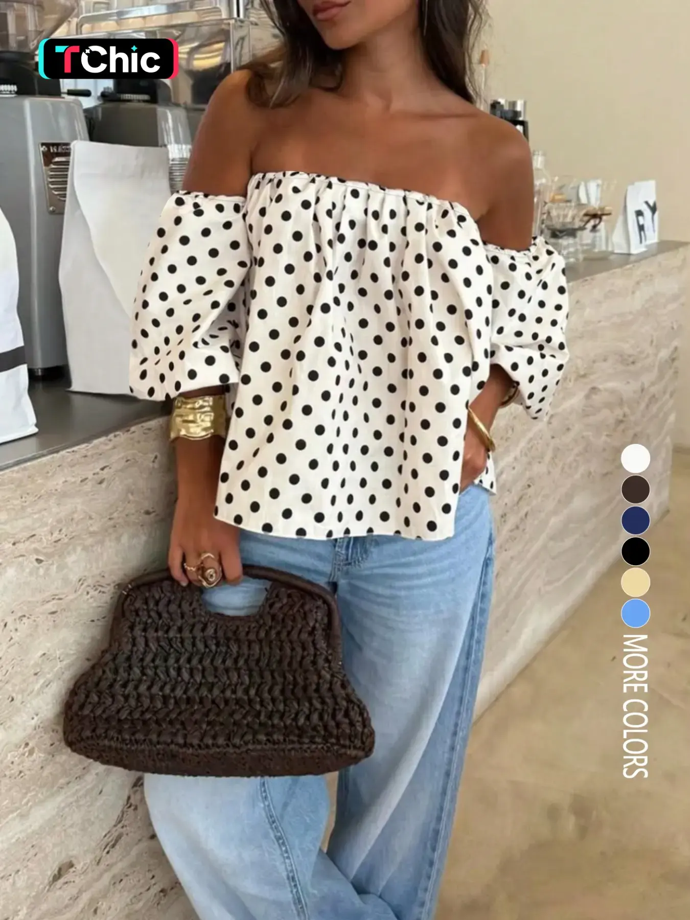 Women's Loose Fit Polka Dot Off-Shoulder Bubble Sleeve Blouse, Stylish Comfortable Summer Top for Parties and Events