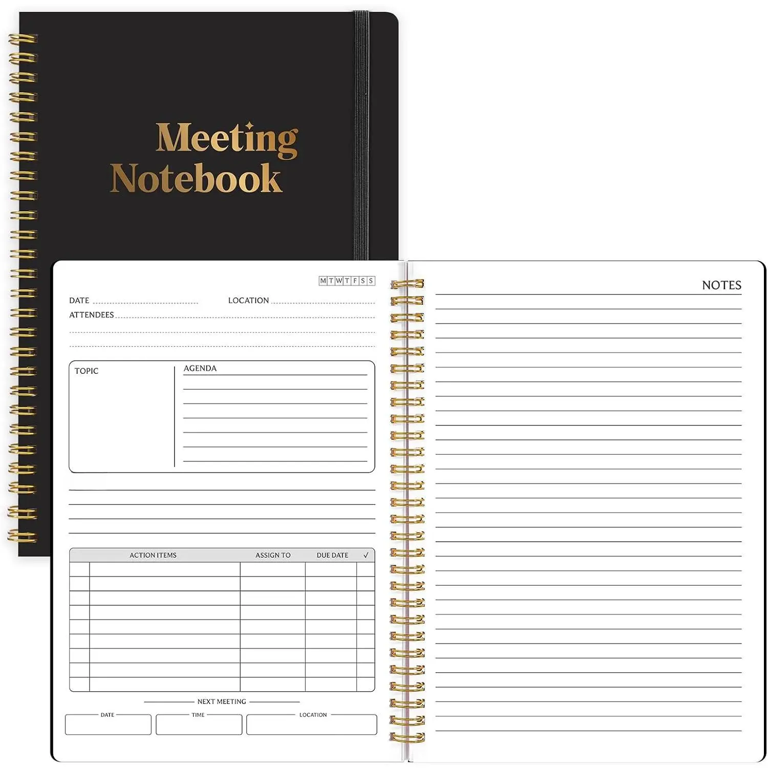 160 Pages Meeting Notebook for Work, Spiral Hardback Planner, Black | Action Items, Business Notes, Inner Pocket, 7 x 10 In, for Office, Men, Women, Managers, Teams, Projects, Interviews, Clients