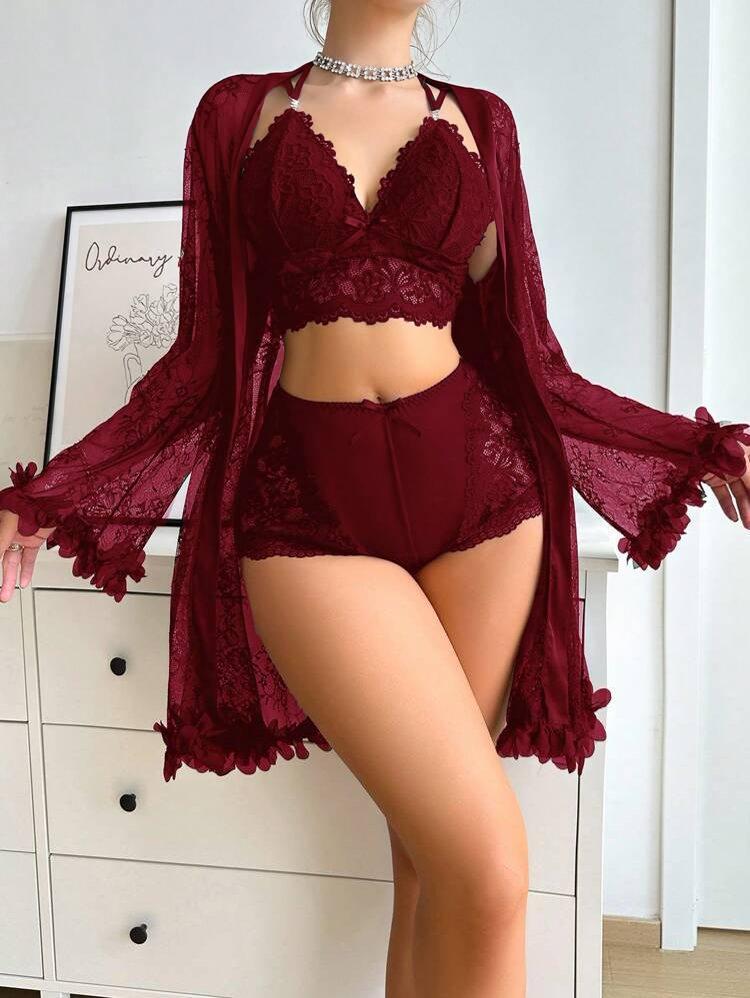 Product Name: Women's 3-Piece Lace Chemise Nightwear Set Description: Experience elegance and comfort with this romantic sleepwear ensemble, perfect for relaxing evenings at home. The set offers a stylish and cozy option for your nightly routine. Key Feat