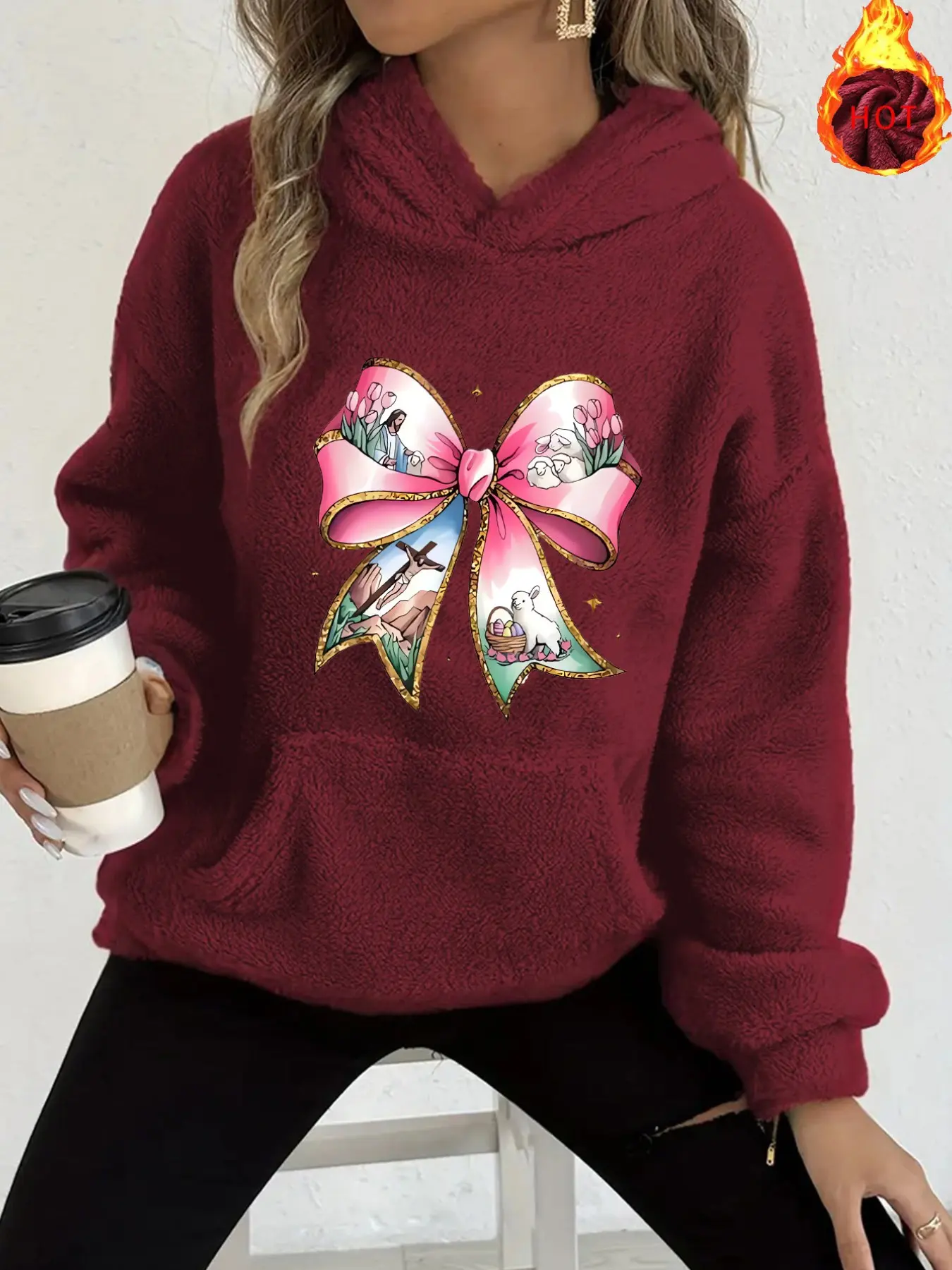 Y2K Flannel Hoodie, Sweet Cool Gold Trim Bow Print, Easter Jesus Lamb Cross Faith, Loose-Fit Warm Casual Top, All Seasons