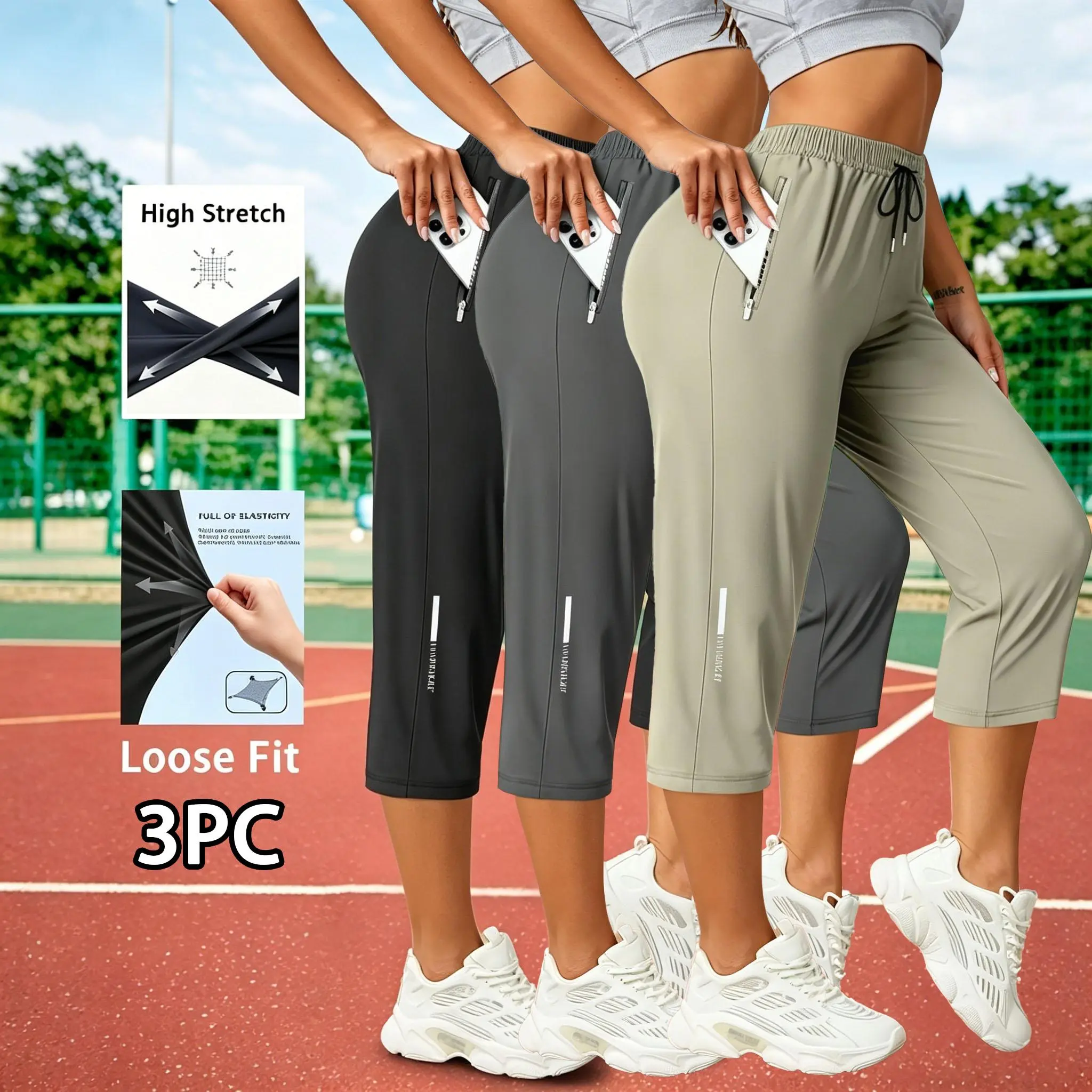 Women's Sporty Chic Ice Fiber Capri Joggers - Easy & Comfortable, Elastic Drawstring Waist, Zipper Pocket, High Stretch, Breathable Dry-Wicking, Cropped Workout Pants for Casual Outdoor Use, Capri Pants, Easy And Comfortable Women's Sports Joggers