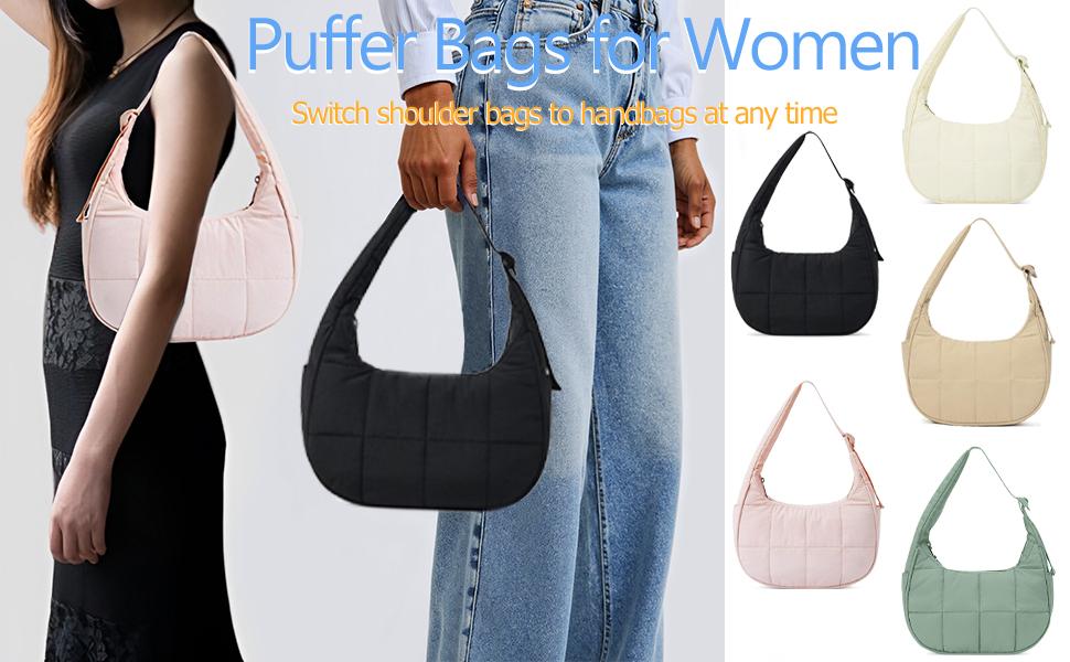Small Puffer Crescent Shoulder Bag for Women Quilted Nylon Waterproof with Side Pocket for Cans Lightweight Travel Gym Purse FOR FALL SpringStatements