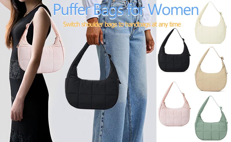 Small Puffer Crescent Shoulder Bag for Women Quilted Nylon Waterproof with Side Pocket for Cans Lightweight Travel Gym Purse FOR FALL
