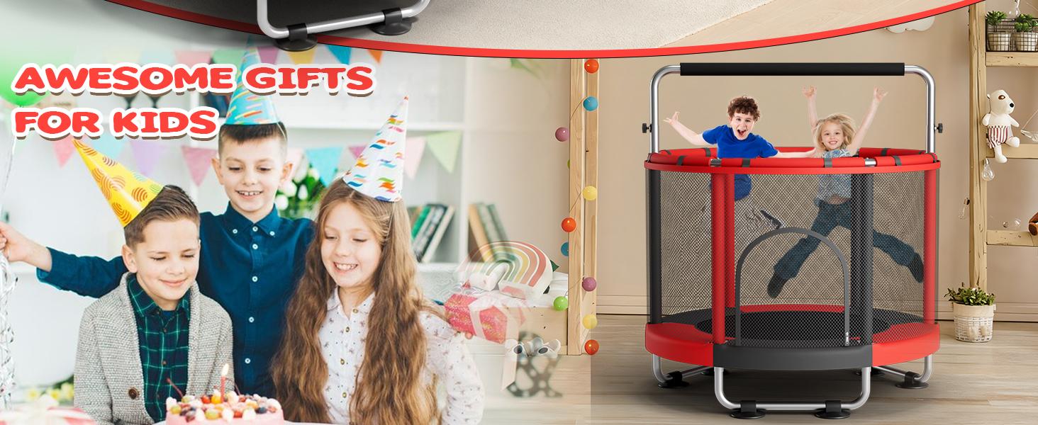 AGS 55" Trampoline for Kids with Enclosure, 440lbs Capacity Indoor & Outdoor Toddler Trampoline with Adjustable Gymnastics Bar & Toys, for Boys & Girls