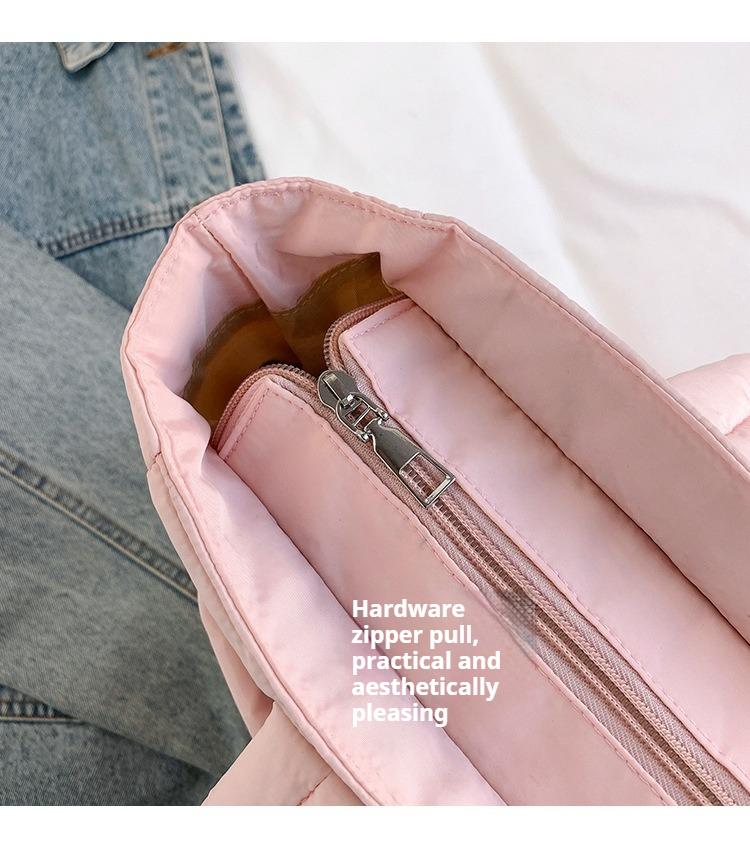 Cozy Blush Pink Cloud Tote Bag, Lightweight Quilted Padded Shoulder Handbag With Soft Fabric, Spacious Compartment For Everyday Use, Work Commute, Weekend Trips And Travel Essentials