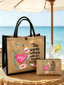 The Linen Canvas Tote Bag Set, a nurse-themed canvas tote bag printed with patterns of hearts, band-aids, stethoscopes, and medical supplies, is the perfect gift for nurses