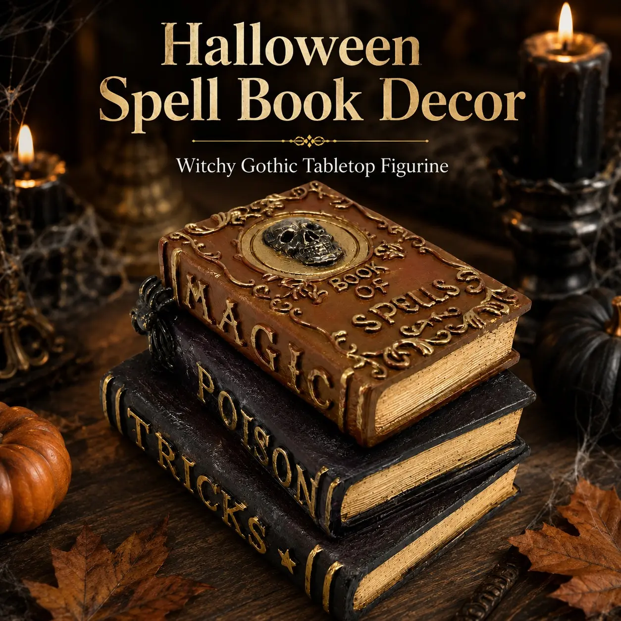 Halloween Magic Book Decoration, Resin Witch Book Stack Ornament, Gothic Halloween Desk Shelf Fireplace Decor, Spooky Witch Home Decor Gift