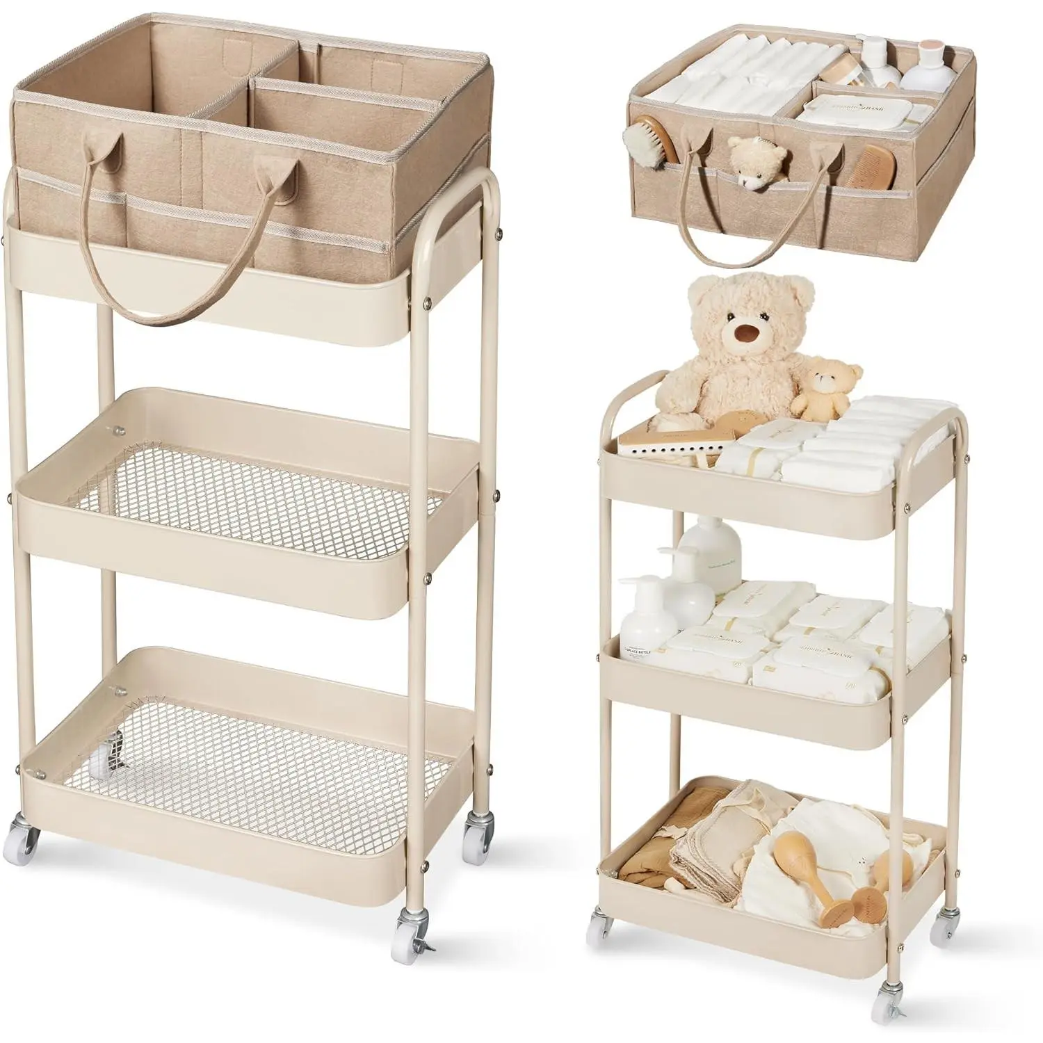 Baby Diaper Caddy, 3 Tier Rolling Storage Cart for Baby Essentials, Diaper Cart with Detachable Dividers, Storage & Baby Bottle Organizer, Nursery Dresser for Bedroom, Living Room (Taupe)
