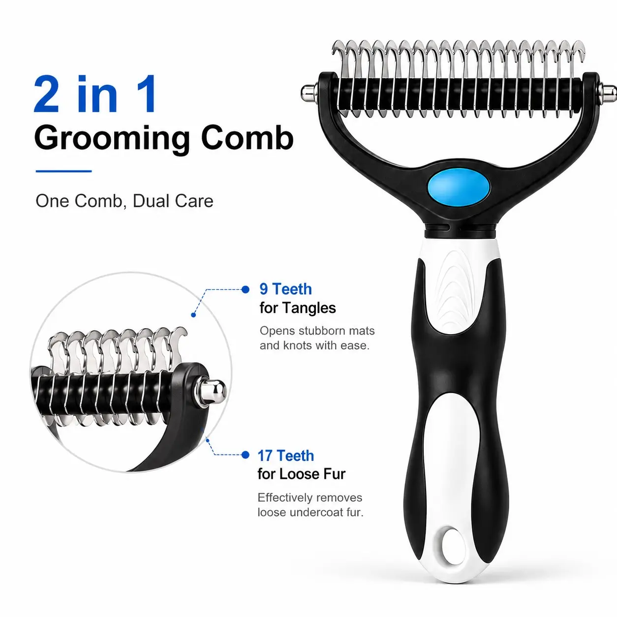 9+17 Teeth Dual-Sided Pet Detangler Brush, Ideal for Dogs and Cats, Long Dense Hair, Ergonomic Handle, Easy Clean, Home Grooming Tool