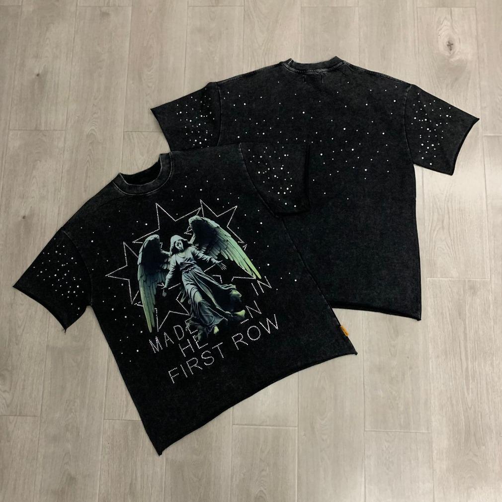 First Row Streetwear Vintage Washed Diamond Rhinestone Cropped Tee Y2K Retro Hip Hop Bling Shiny Graphic Oversized Loose Fit Crew Neck Short Sleeve Pure Cotton Viral Trendy Casual Daily Couple Matching Summer Streetwear Must Have Top For Men Unisex