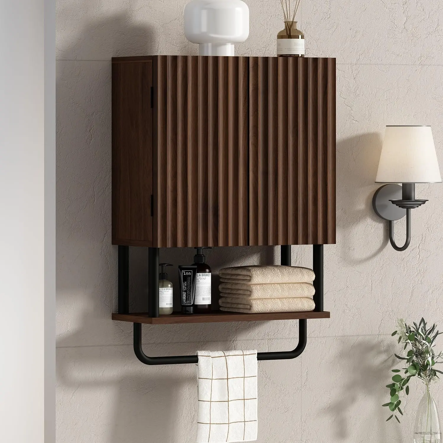 Fluted Bathroom Wall Cabinet with 2 Doors, 3-Tier  Cabinet | Modern  Wall Mounted Cabinets, Over The Toilet Storage Cabinet, Adjustable Shelf and Towel Bar, Small