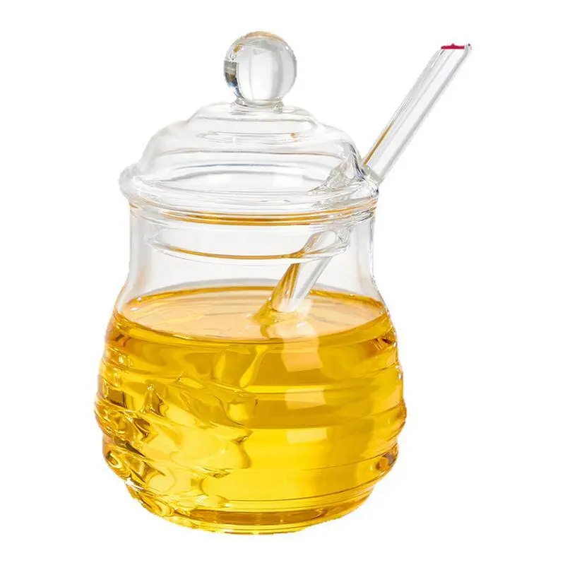 Glass Honey Jar with Lid and Glass Stirrer, Transparent Style, Leak-Proof, Ideal for Home Kitchen Storage of Honey and Jam, Honey Container