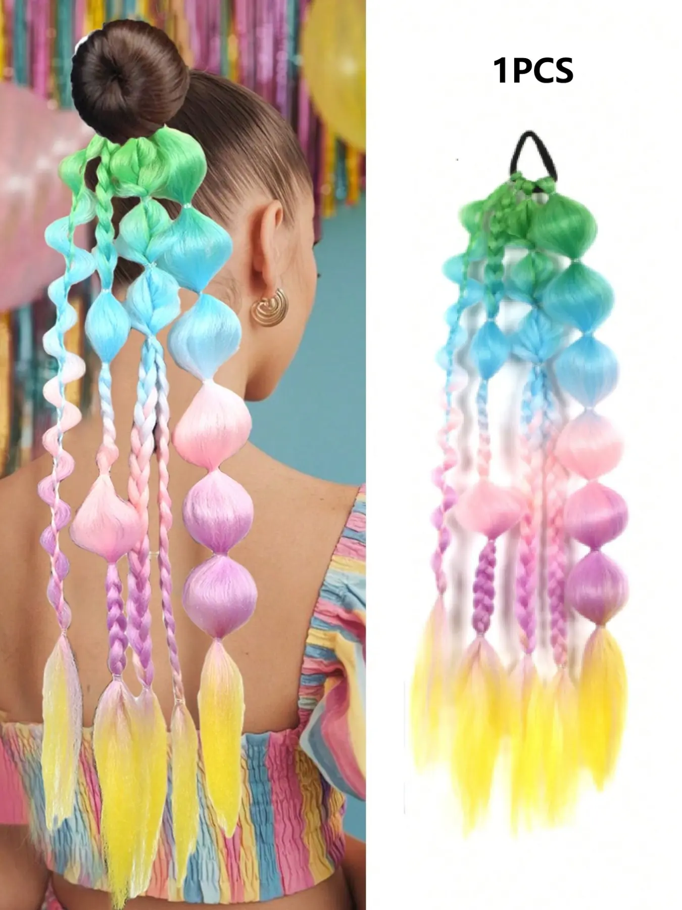 Multiple Colors Bubble Braided Ponytail Extension 22 Inch Synthetic Multicolor Gradient Bubble Ponytail with Elastic Hair Tie Lightweight Colorful Hairpiece for Women And Girls Used Party, Cosplay,Halloween, Christmas Hair Style Synthetic Braids