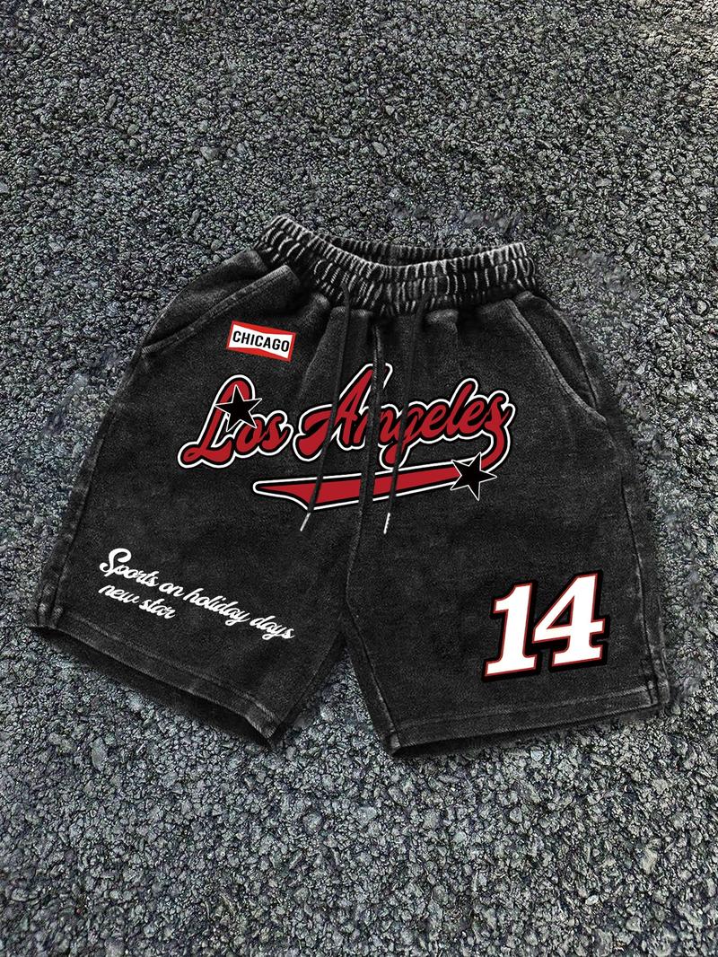 Men's Letter Print Wash Denim-effect Shorts, Loose Casual Comfy Shorts for Daily Wear, Men's Bottoms for Summer