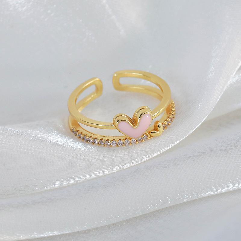 Spring and summer macaron-colored oil-drip flower heart ring with zircon inlay, open niche ring for women, personalized index finger ring