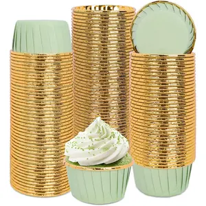 100Pcs Sage Green Gold Foil Cupcake Liners Green Baking Cup Foil Metallic Muffin Liners Holders Ramekin Aluminum Cupcake Tip Pan for Wedding Bridal Shower Birthday Party Supplies