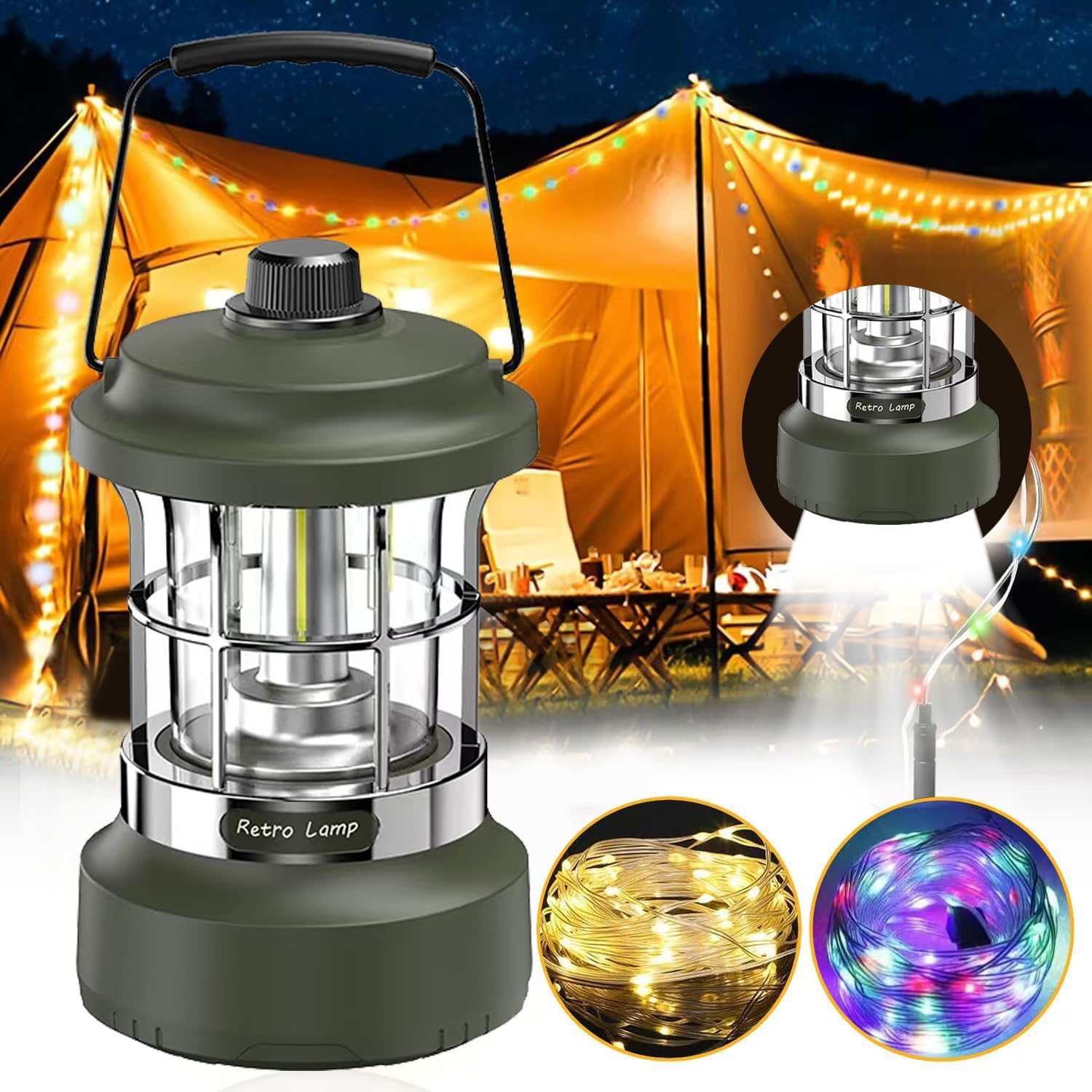 Multi-Functional Camping Lamp with Flashlight and String Light Features, Waterproof Retro Outdoor Lantern for Emergency Use, Portable Rechargeable Hanging Light
