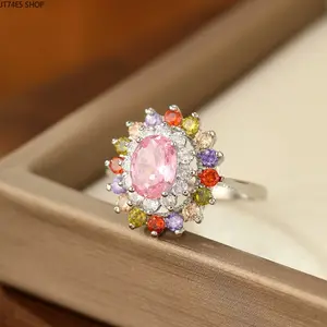 Oval Pink Core Multi-Color Cubic Zircon Floral Ring for Women, Rainbow Surround Gem Elegant Formal Hand Jewelry Gift For Her