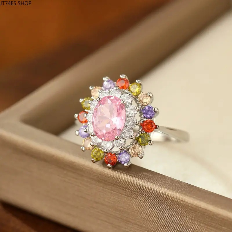 Oval Pink Core Multi-Color Cubic Zircon Floral Ring for Women, Rainbow Surround Gem Elegant Formal Hand Jewelry Gift For Her