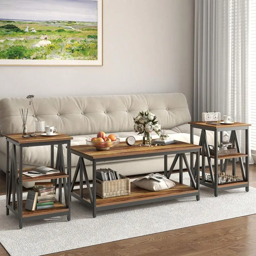 3 Pieces Living Room Table Set, Industrial Coffee Table With 2 Square End Side Tables, Coffee Table Set With Metal Frame For Apartment Home Office