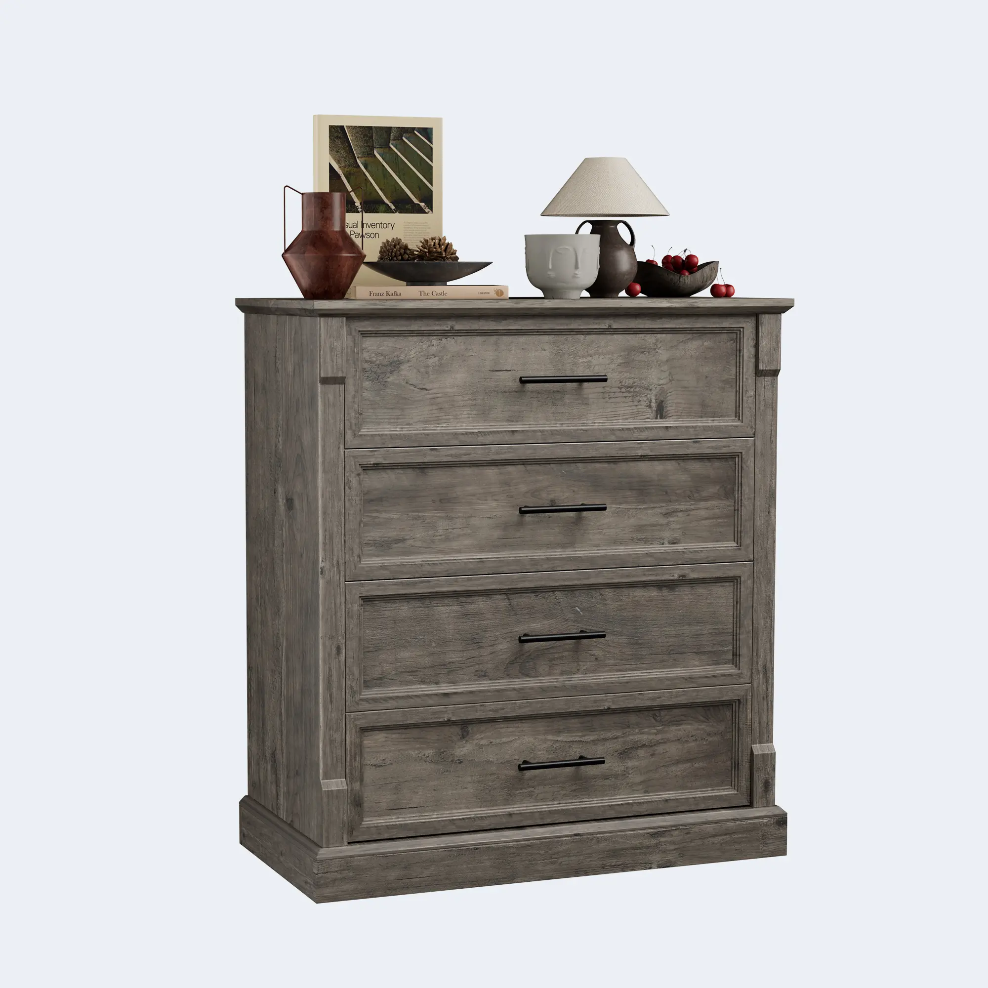 Farmhouse 4 Drawer Dresser for Bedroom – Rustic Tall Wooden Chest with Metal Handles – Spacious Storage Cabinet for Living Room or Hallway – Grey/Brown/White