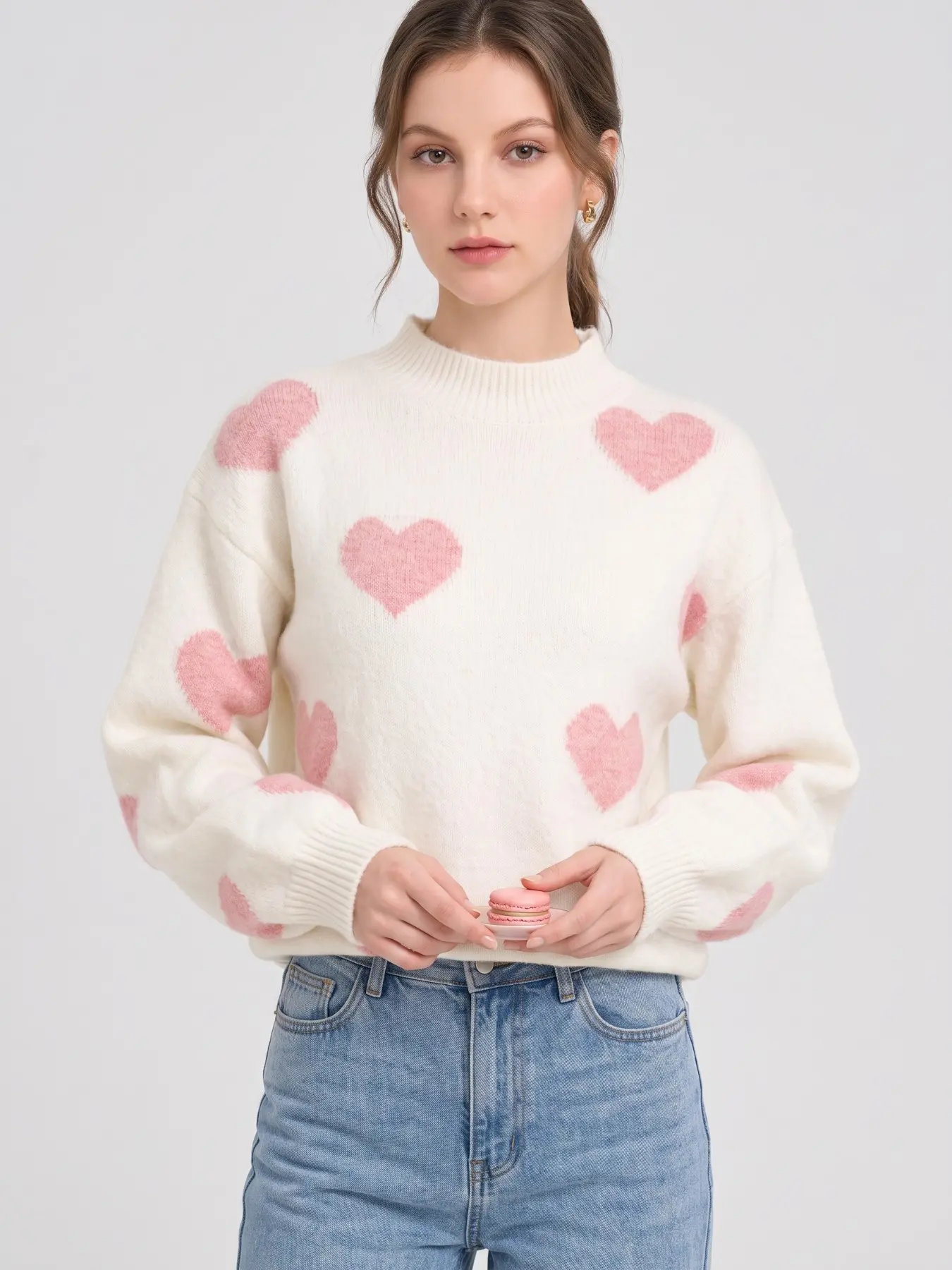 Heart Knit Sweater, Sweet Girl Style, Loose Fit Slimming Warmth, Fall Winter Campus Date Versatile Top, Single Piece Full Print