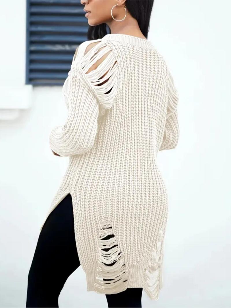 Women's Plain Ripped Split Hem Sweater, Street Fashion Drop Shoulder Long Sleeve Knit Jumper for Daily Outdoor Wear, Women's Knitwear for Fall & Winter