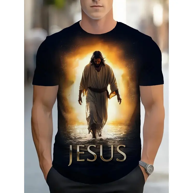 Mystery Jesus Back Graphic Print Men's Classic Short Sleeve Crew Neck Minimalist Sports Top - Large, Sublimation Design, Smooth Texture, Casual, Suitable for Daily Wear, Fitness