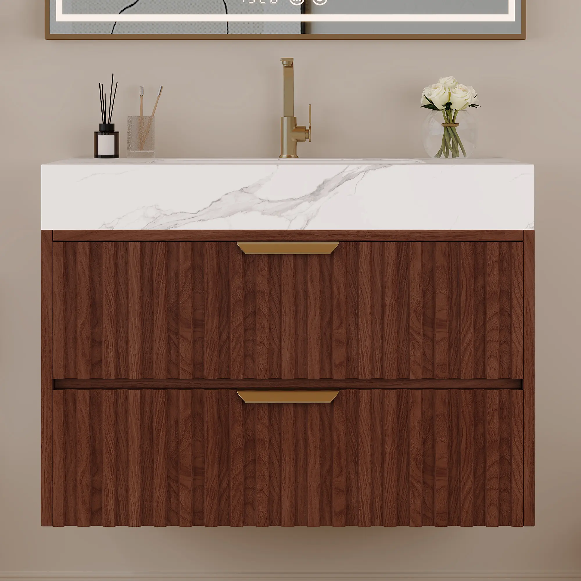 ARCH 30 Inch Modern Floating Bathroom Vanity Wall Mounted Cabinet with Sintered Stone Top Ceramic Basin 2 Soft Close Drawers for Bathroom Storage Organizer White, Bathroom Furniture for Vanity Area, Storage, Remodel, Powder Room and Home Improvement