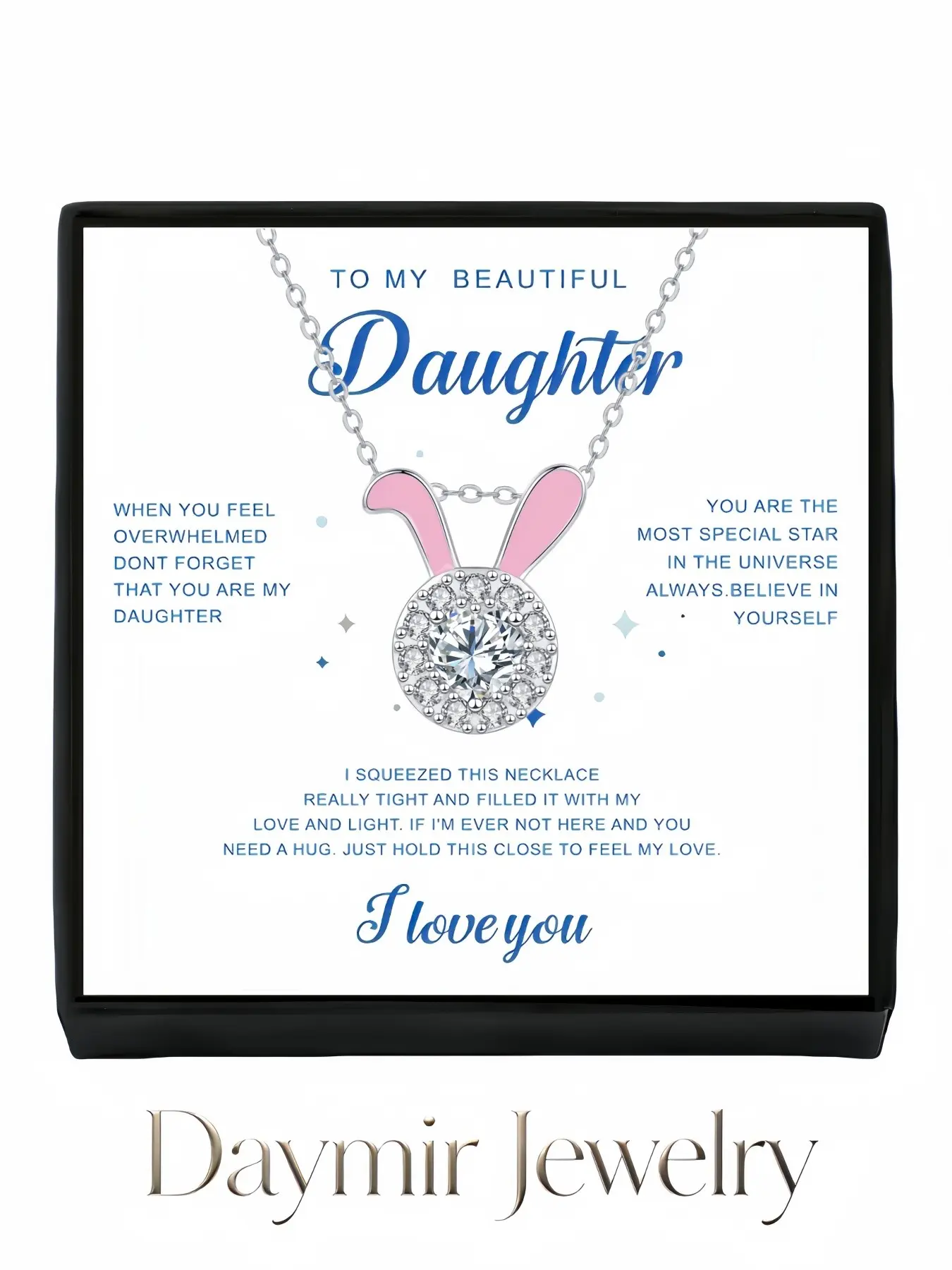 Adorable full‑sparkle rabbit‑ear necklace, uniquely‑crafted delicate premium clavicle chain. Comes with greeting card for daughter, magical surprise gift for daughter’s birthdays and various festive occasions.