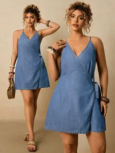 Plus Size Thin Strap Side Tie Denim Mini Dress, Ideal For Casual Wear