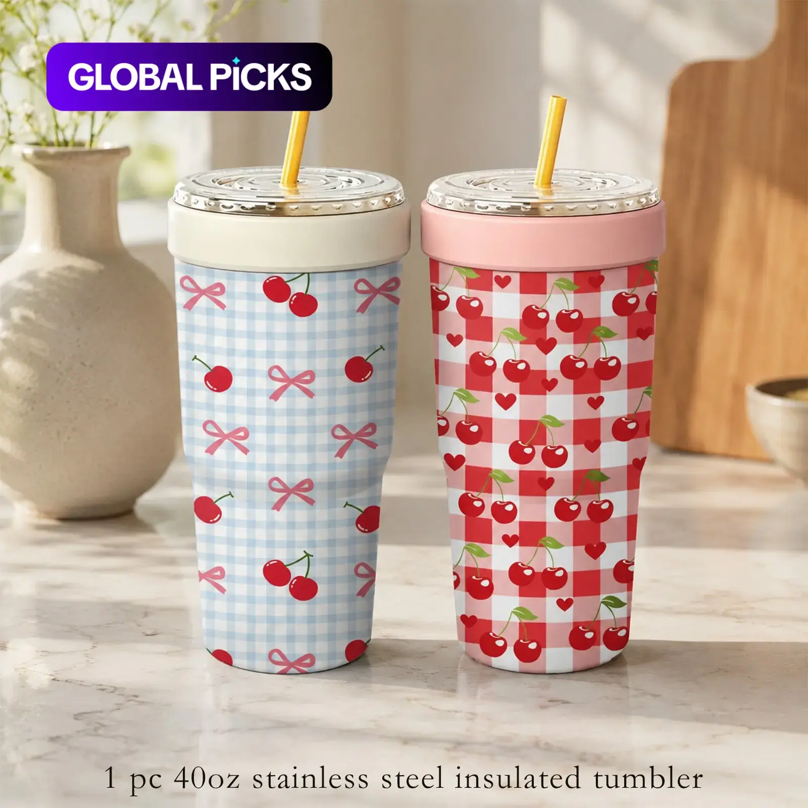 1 Pc 32oz Retro Cherry Gingham & Bow Print 2-in-1 Insulated Stainless Can Cooler, Drinkware, Includes Tumbler Lid, Converts into a 32oz Travel Tumbler, Fits Most 16-24oz To-Go Coffee & Bubble Tea Cups, No Sweat, Perfect for Christmas & Daily Use