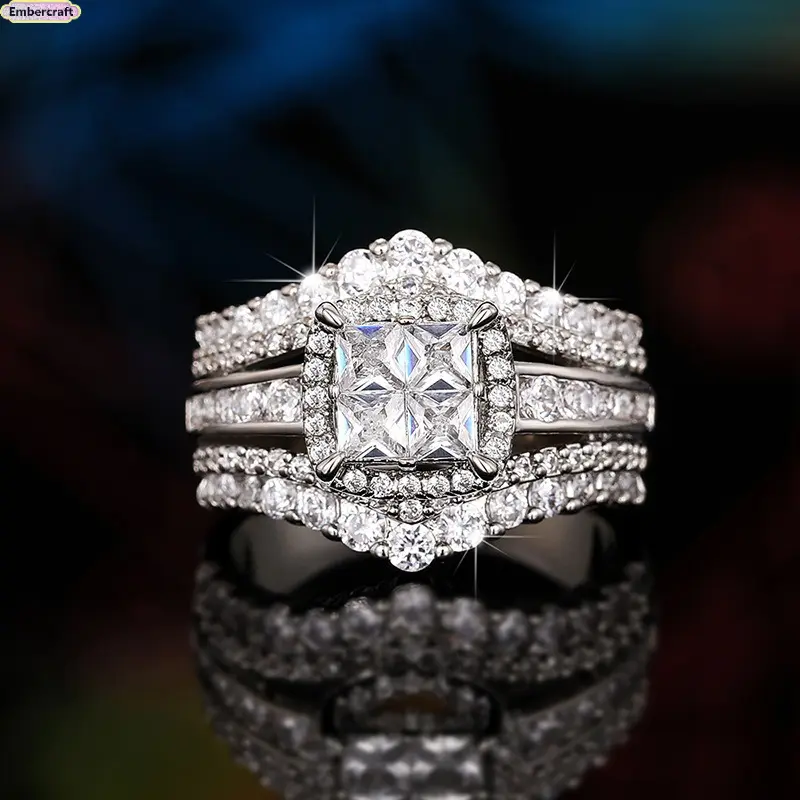 Cubic Zirconia Double Layer Ring for Women, Square Crown Statement Ring, Sparkly Stackable Fashion Jewelry, Luxury Engagement Promise Wedding Ring, Gift for Her Daily Wear