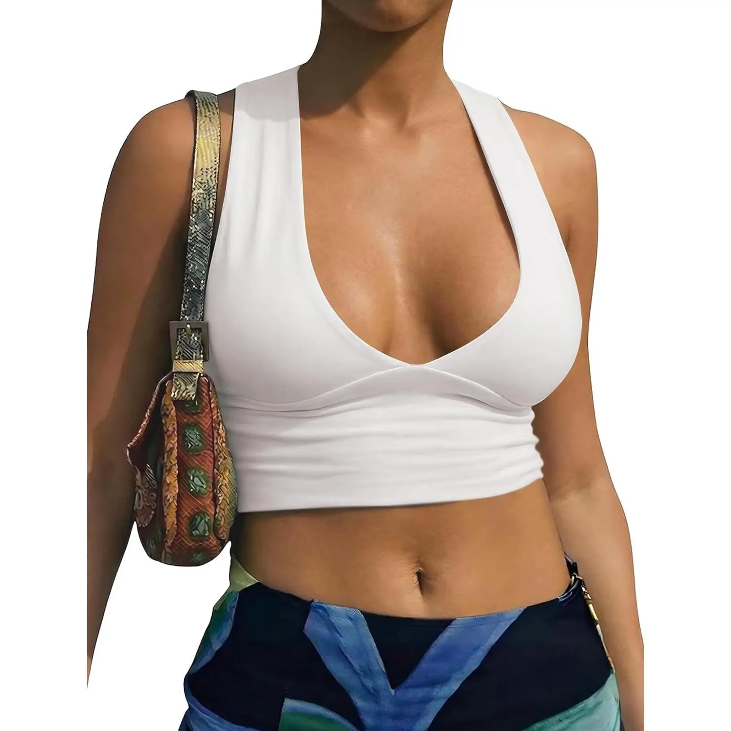 Sexy Crop Tops for Women Deep V Neck Back Cutout Sleeveless Plunge Racerback Tank Cropped Top