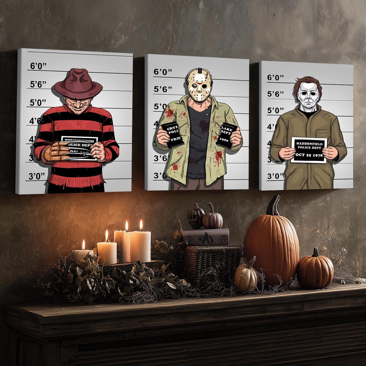 3 Counts Wooden Framed Canvas, Interesting Horror Movie Characters, Halloween Home Poster, Halloween Party Decorations, Living Room And Bedroom Hanging Paintings, Horror Theme, Interesting Posters, Exquisite Gifts, High-Definition Art, Wooden Wall Art