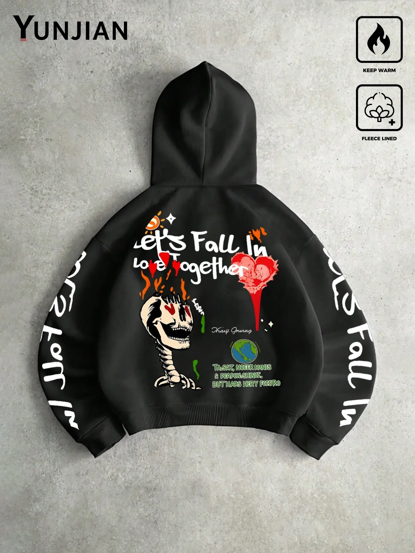 Warm Hooded Sweatshirt with Skull Heart Print, Loose Fit Punk Rock Street Style, Fall Winter Unisex Casual Pullover